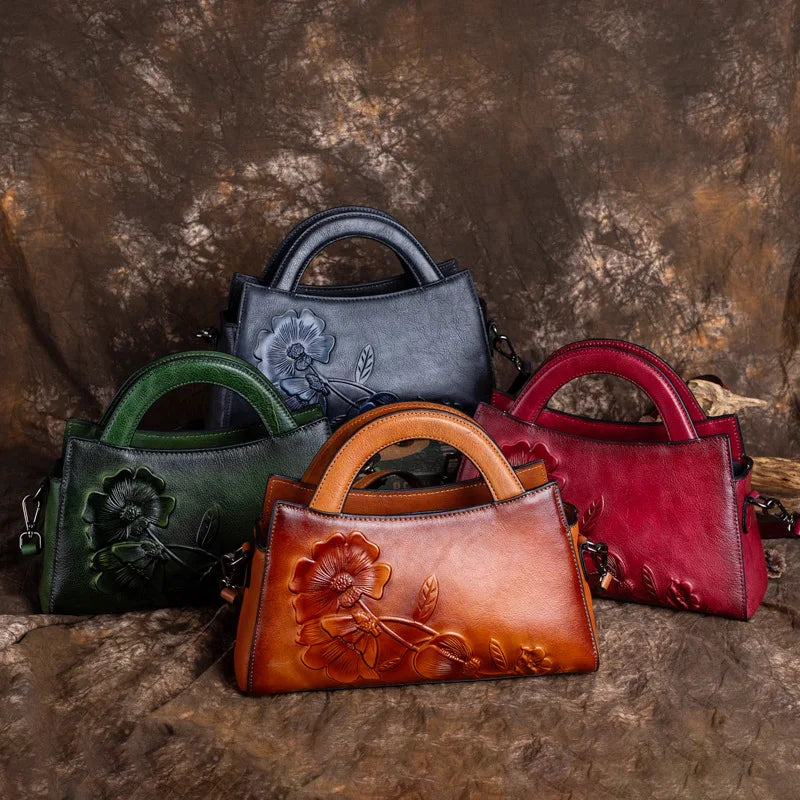 New 2024 Vintage Women's Bag Leather Tote Top Layer Cowhide Crossbody Bag Hand-carved Women's Shoulder