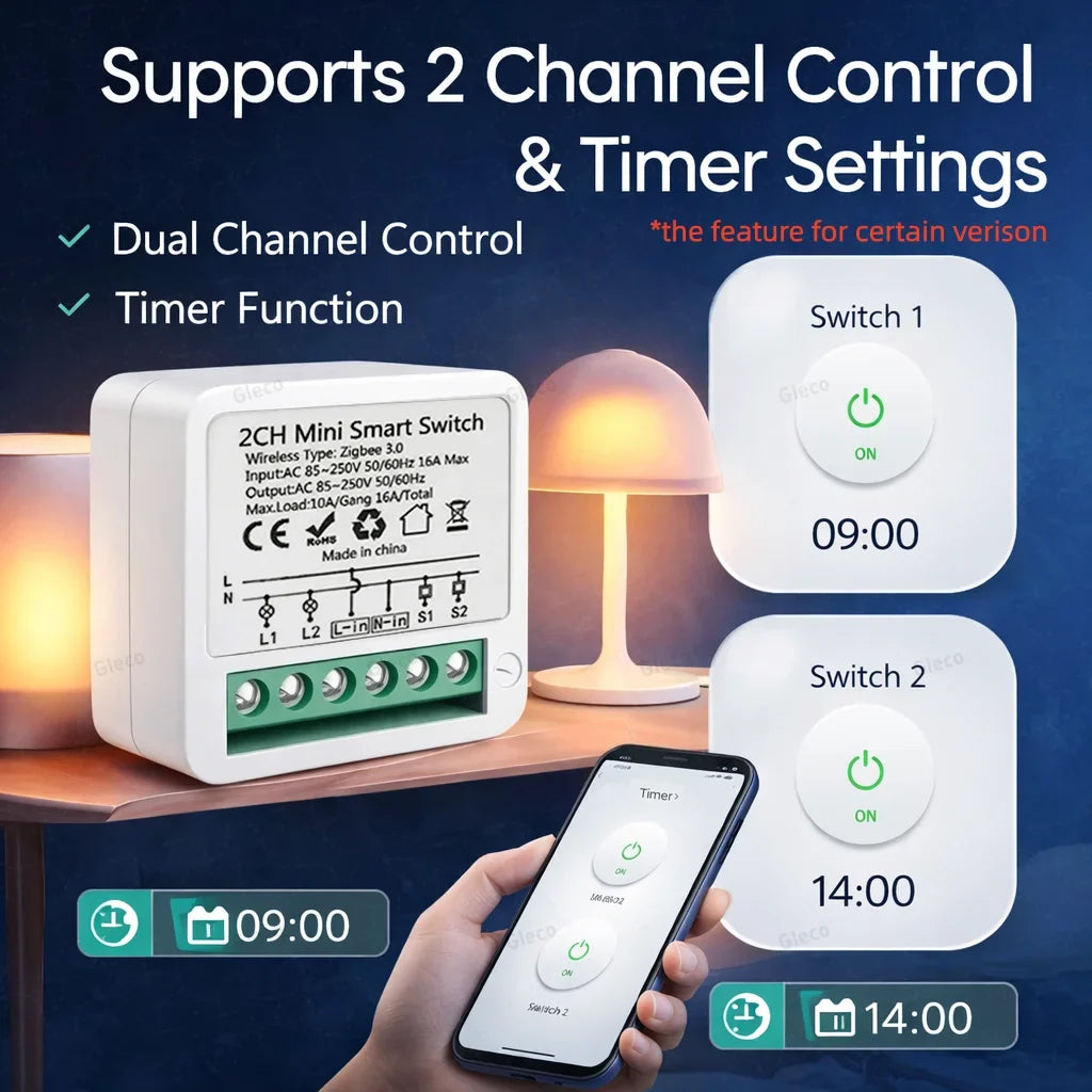Zigbee Smart Switch Module Mini 10A/16A Optional 1/2 3Channel Smart Home Relay Automation Breaker For Tuya Z2M Alexa Google Home