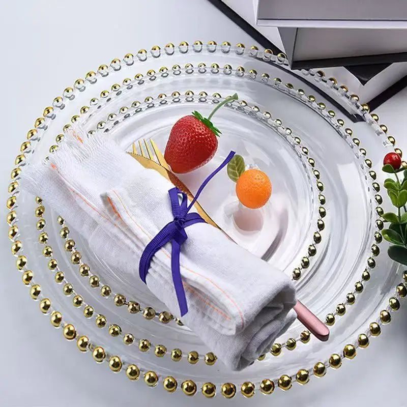 Nordic Style Plastic Steak Plate Gold Rimmed Fruit Salad round Dish Western Dinner Party Dinnerware Plate Decorative