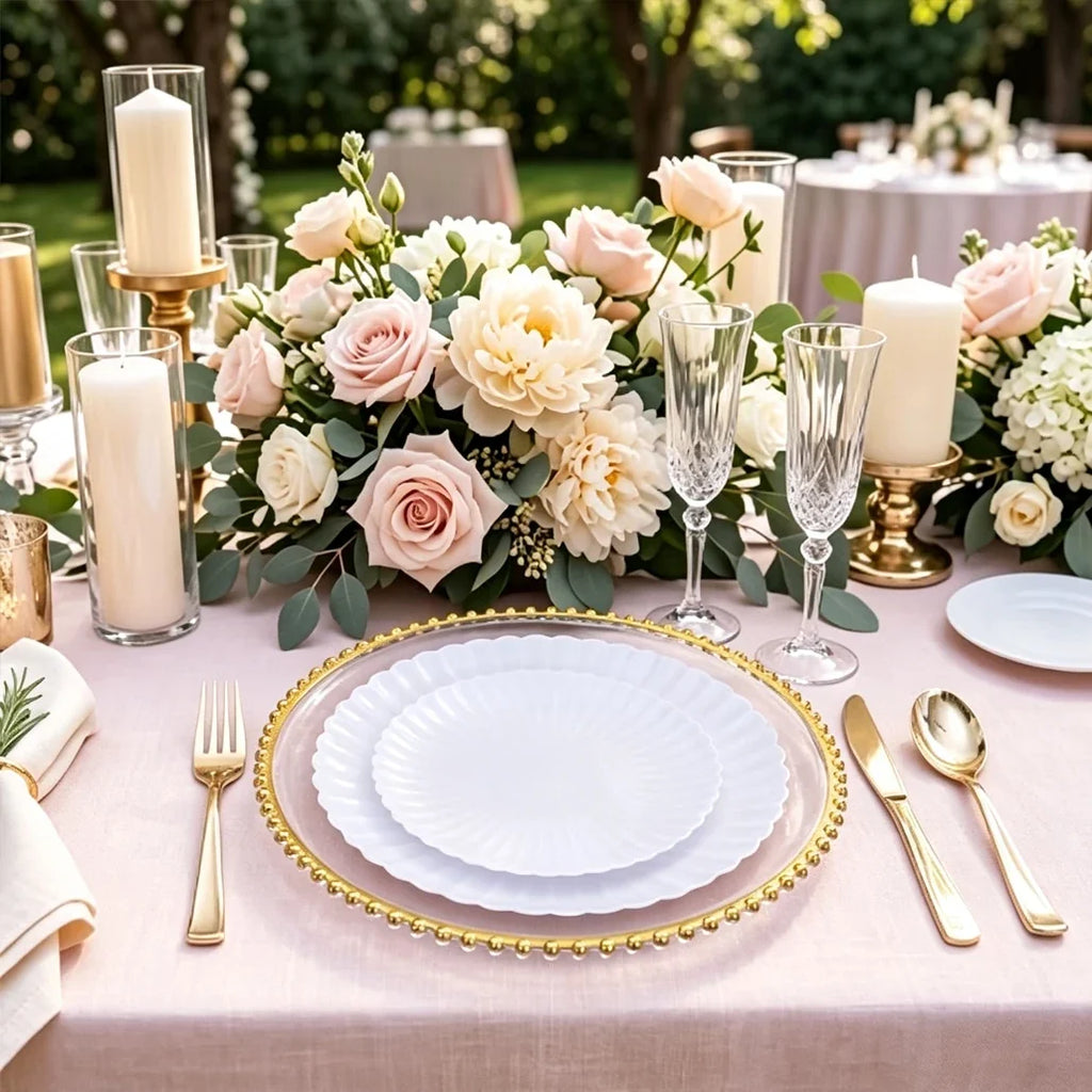 13 Inch Gold Beaded Clear Charger Plates Luxury Set for Wedding Table Dinner Birthday Party Reception Banquet Holiday Home Decor