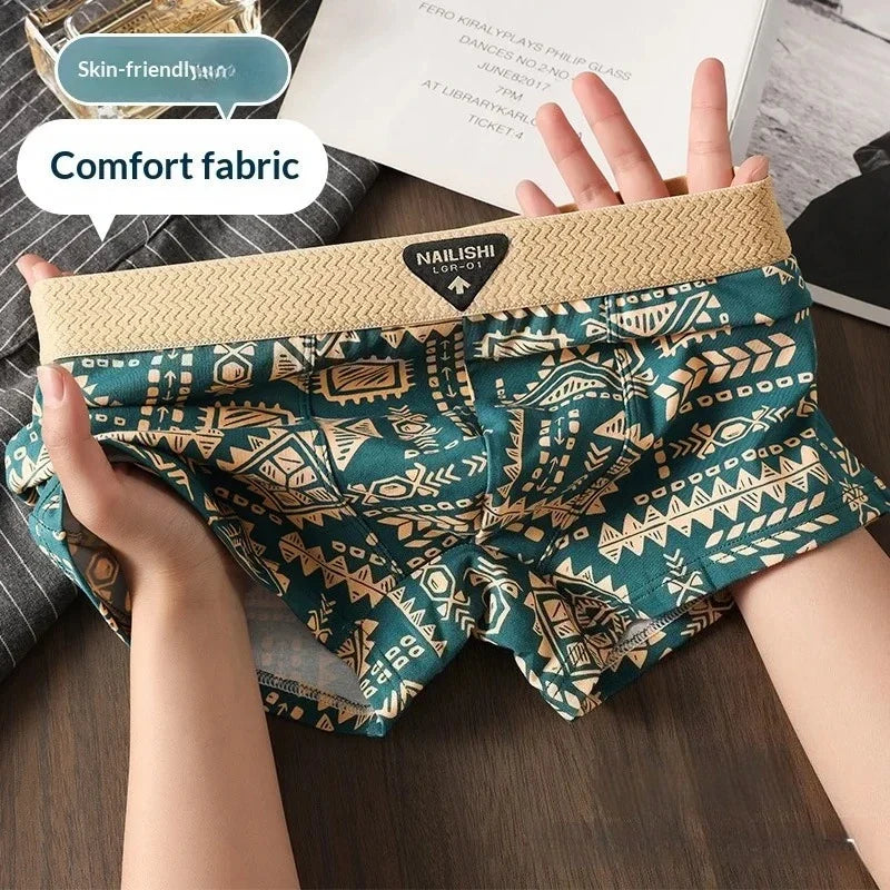 3pcs New Men's Underwear, Comfortable and Breathable Boxer Briefs, Trendy Retro Ethnic Style, Mid-Rise Shorts for Men