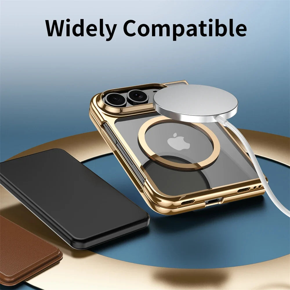 Luxury Gold Transparent Plating Magnetic Phone Case for iPhone Duo for Magsafe Wireless Charging Shockproof Clear Cover Funda