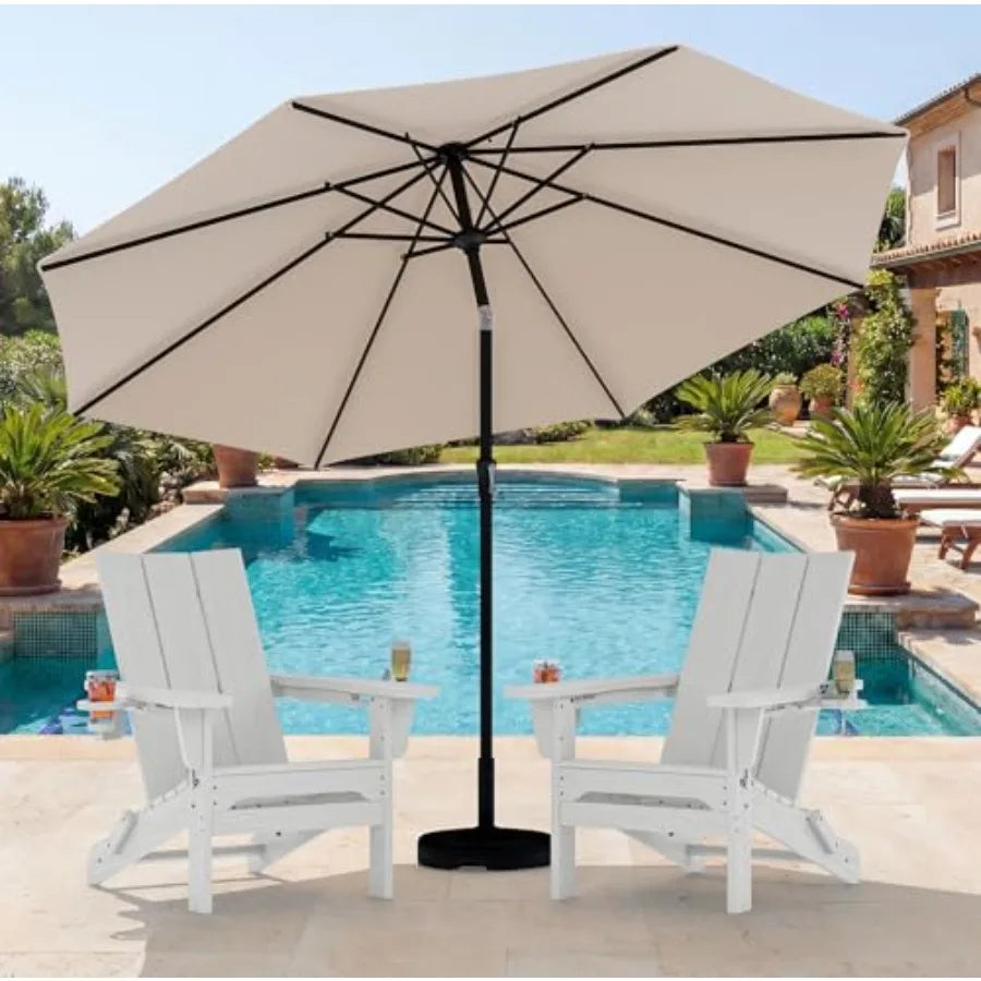 Outdoor folding Adirondack chairs set of 2 with 9-ft umbrella, polywood material, classic white, weather-resistant and space-sa