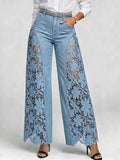 American Lace Hollow Out Elegant High Waist Wide Leg Straight Tube Harajuku Retro Flared Pants High Street Fashion Women's Jeans