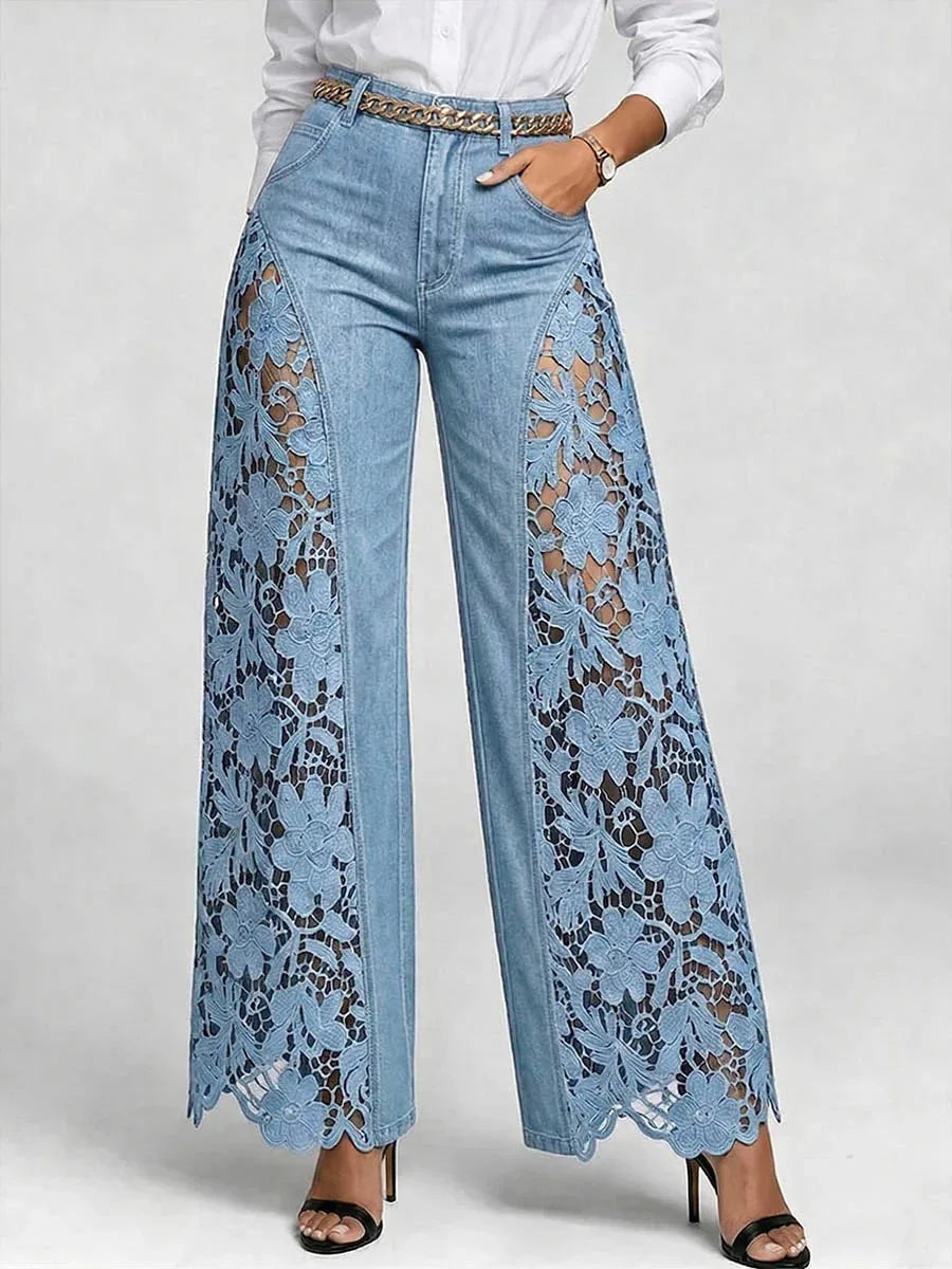American Lace Hollow Out Elegant High Waist Wide Leg Straight Tube Harajuku Retro Flared Pants High Street Fashion Women's Jeans