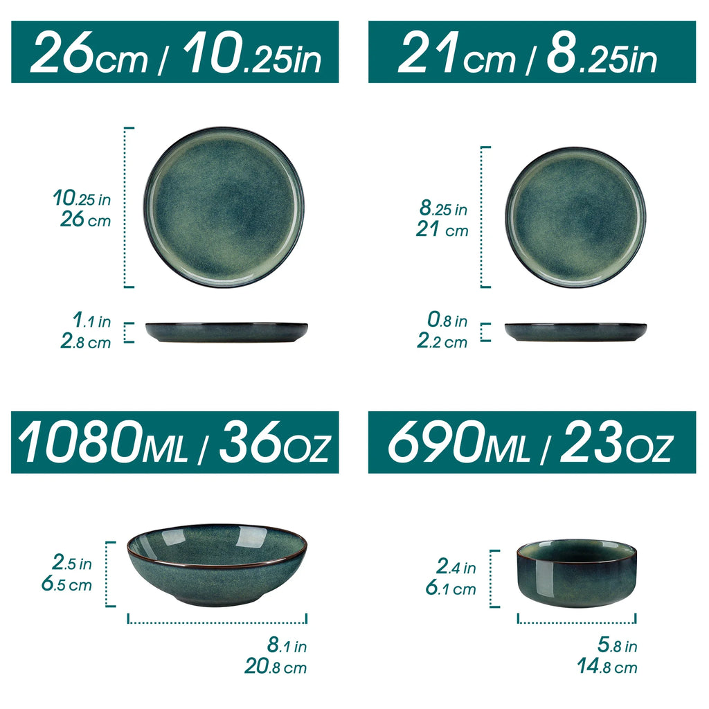Vancasso 24 Piece Green Klin Change Glaze Stoneware Set Dinnerware Set with 6pcs Dinner Plate/Dessert Plate/Soup Plate/Bowl