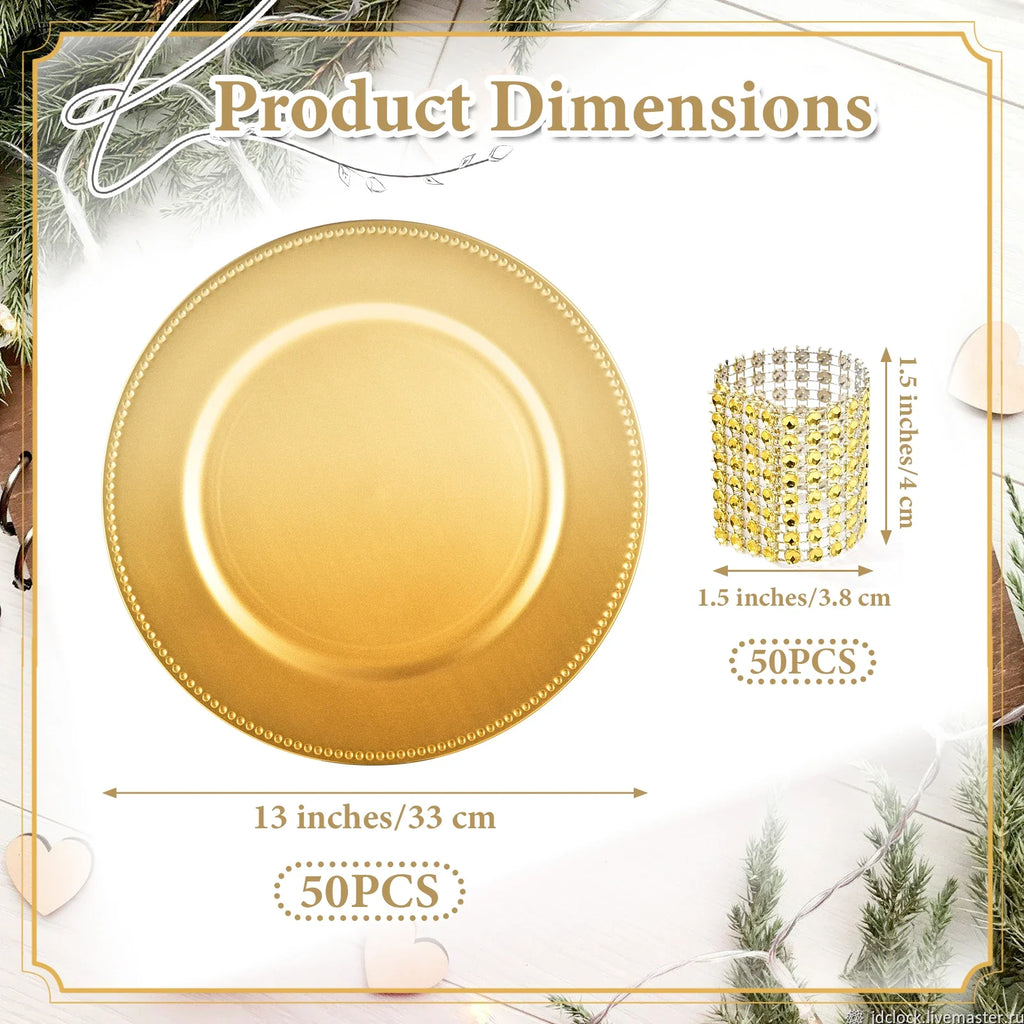 Gold Charger Plates Set of 50 Bulk 13 Inch Round Heavy Duty Reusable Plastic Dinner Chargers with Matching Napkin Ring Holders, Elegant Beaded Decorative Table Setting Serveware for Wedding Reception Christmas Party Holiday B