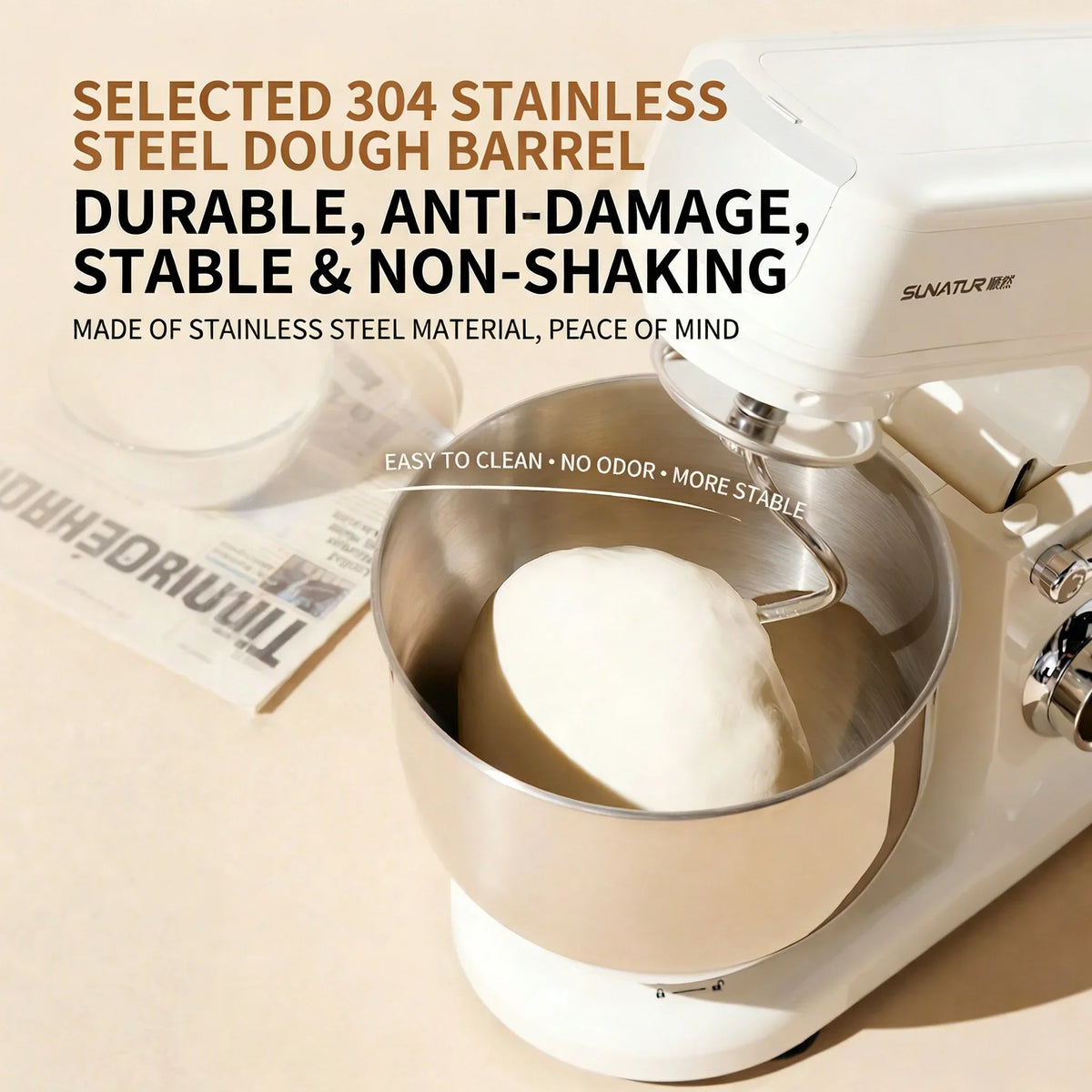 SUNATUR SM-606E 7L Stand Mixer 900W DC Quiet 11-Speed Timer, 304 Bowl Anti-Black Powder for Home & Commercial Baking