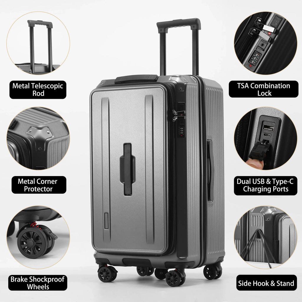 Multi-Functional PC Luggage Expandable Suitcase TSA Lock USB Type-C Port Shockproof Brake Wheel Front Open Carry On Trolley Case