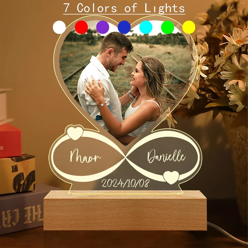 Personalized Photo Frame with Night Light, Customized Picture Frame, Personalized Anniversary Couple Gifts for Women Girlfriend