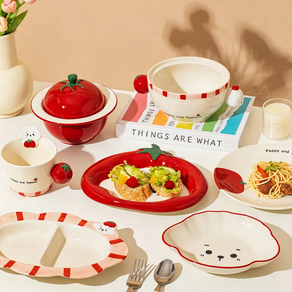 SHUNXIANG Tomato Puppy Ceramic Tableware Set Cute Cartoon Print Plates Soup Bowl Salad Pasta Microwave Safe Kitchen Dinnerware