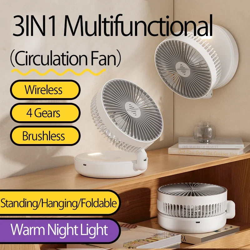 2024 New Style 5000mAh Small Portable Fan Rechargeable Wall Mounted Fan 90° Foldable Desktop Fan 4 Gears With Warm Night Light
