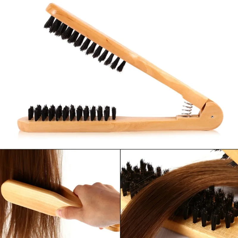 Professional Straight Hair Straightener V-shaped Comb Anti Static Double Brushes Hairdressing Comb Wooden Hair Straightener Tool