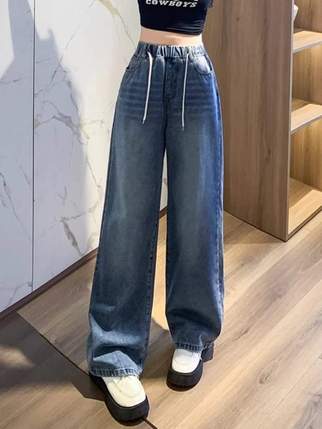 Loose Fit High Waist Wide Leg Jeans Women plus Size Light Blue Elastic Waist Dstring Trousers Autumn Faion plus Size