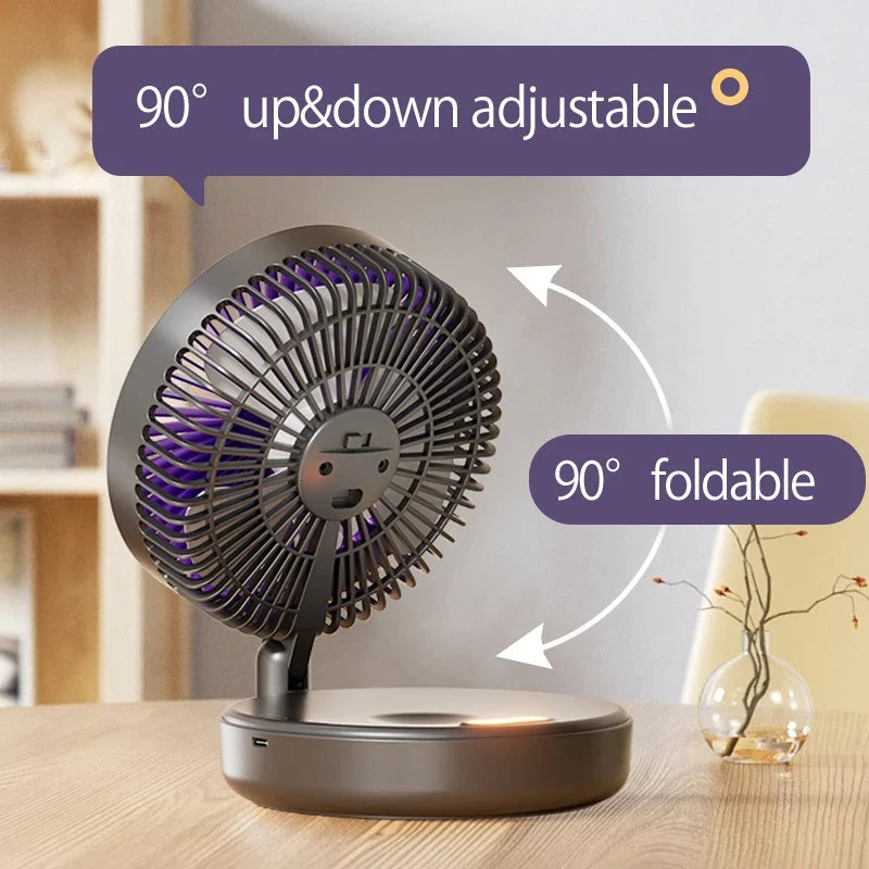 2024 New Style 5000mAh Small Portable Fan Rechargeable Wall Mounted Fan 90° Foldable Desktop Fan 4 Gears With Warm Night Light
