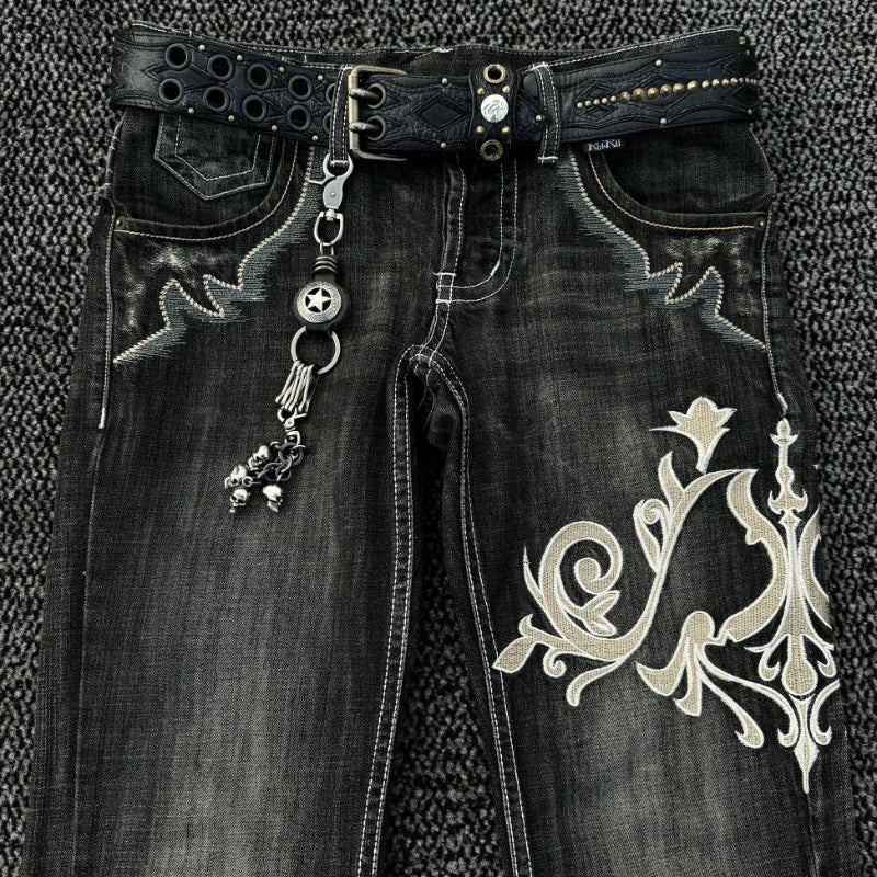 HOUZHOU Vintage Embroidery Patchwork Women Flared Jeans Y2k Harajuku Wide Leg American Style Denim Pants Baggy Punk Streetwear