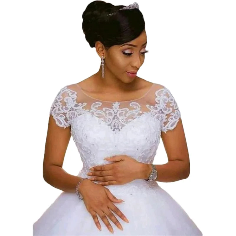 Vintage Lace Appliques Authentic Beading Wedding Dresses Short Sleeves Vestido De Noiva Robe De Mariee Bride Dresses Bridal Gowns