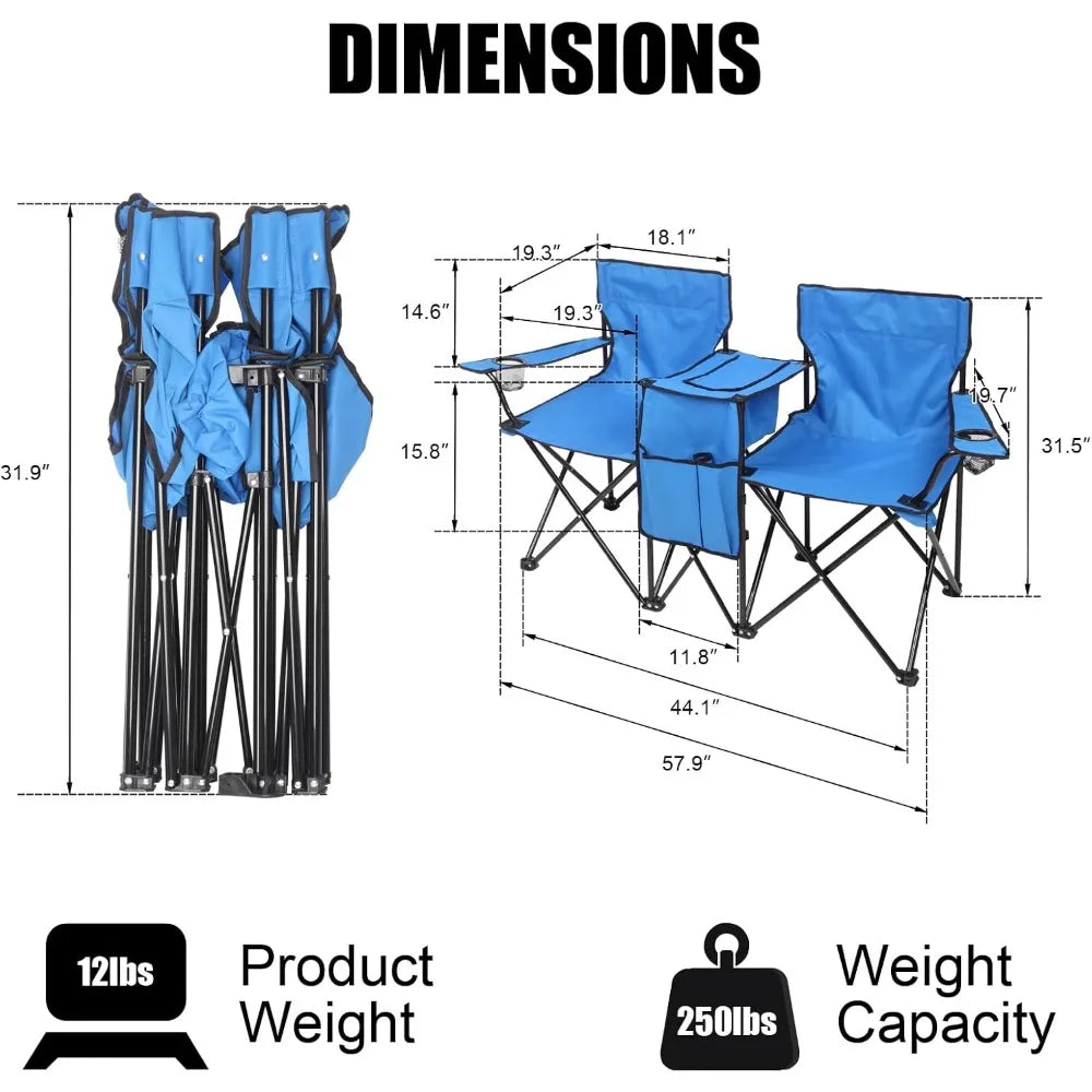 Folding Double Camping Chair with Umbrella and Cooler for Outdoor Use - Portable, Large Capacity, Ideal for Beach, Park, Pool