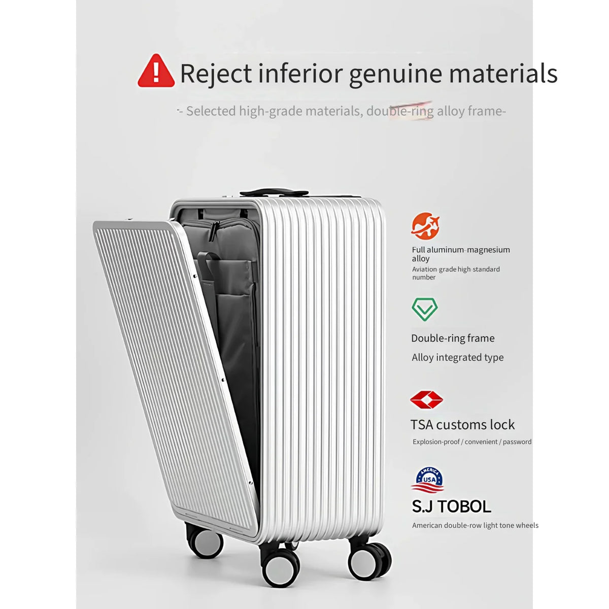 Full Aluminum‑Magnesium Alloy Front Side Opening 10‑90 Split Deep Storage Trolley Luggage Travel Suitcase 20 Inch Carry‑on 24 In