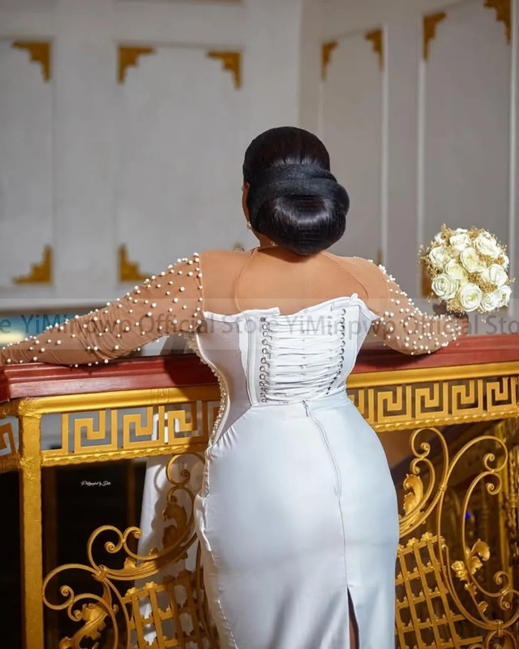Ivory Civil Wedding Dresses for Bride Sheer Neck Long Sleeve Corset Pearls Aso Ebi Nigeria Courthouse Bridal Gowns Customized
