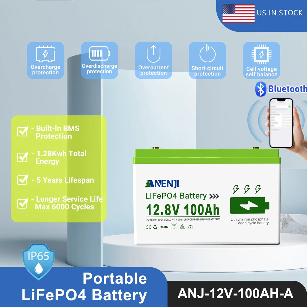 ANENJI LiFePo4 Battery 24V 100AH 25.6V 12V 100AH 1.256KWH 2.56KWH Grade A Cells Lithium Iron Phosphate Battery BMS 6000+ Cycle for Golf Cart