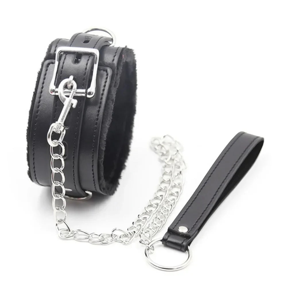 Adult sexy chain red leather thick plush collar dog chain ladies with sm bound collar toys.