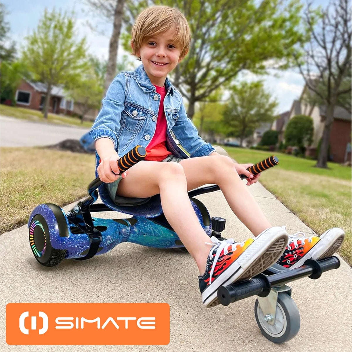 Scooter with Adjustable Seat Attachment, 6.5" All-Terrain Self Balancing Scooter, LED Lights & Bluetooth for Kids and Adults, Black