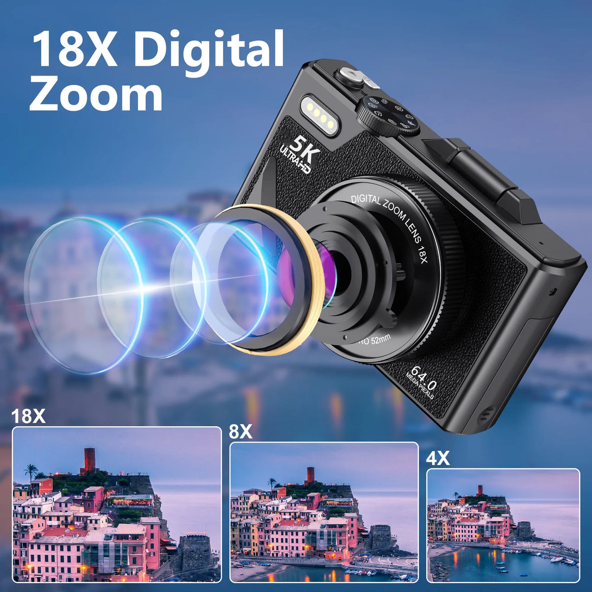 75MP Digital Camera For Photography 18X Zoom 5K UHD Vlog Camcorder Livestream Wifi Webcam 3.0 inch Flip Screen AF Selfie Camera