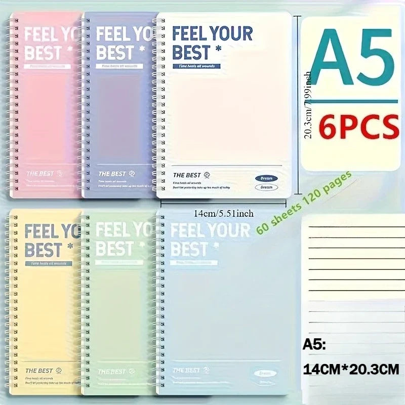 6pcs Spiral Notebook, Simple A5/B5 Hardcover Spiral Notebook, Tear-out Pages with Horizontal Lines, Office and School Supplies