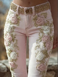 Women's pants 2025 women's retro pink rose embroidery art print jeans with elegant temperament