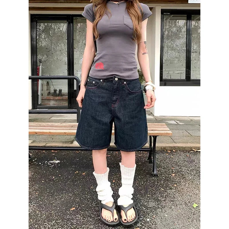 YIBASHU Summer Women American Retro Jorts Punk Jean Shorts Black Y2K 2000s Harajuku Denim Calf-Length Pant Japanese High Street
