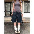 YIBASHU Summer Women American Retro Jorts Punk Jean Shorts Black Y2K 2000s Harajuku Denim Calf-Length Pant Japanese High Street