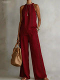 Sexy Halter Neck Sleeveless Tops Women's Suit Summer New Fashion Loose Retro Hollow Lace Pocket Wide Leg Pants 2-piece Set 2026