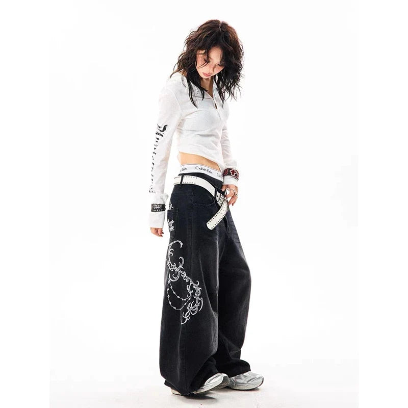 YIBASHU Women Vintage Embroidery Y2K Baggy Jeans Female High Waist 2000s Wide Leg Denim Pants American Retro Harajuku Trouser