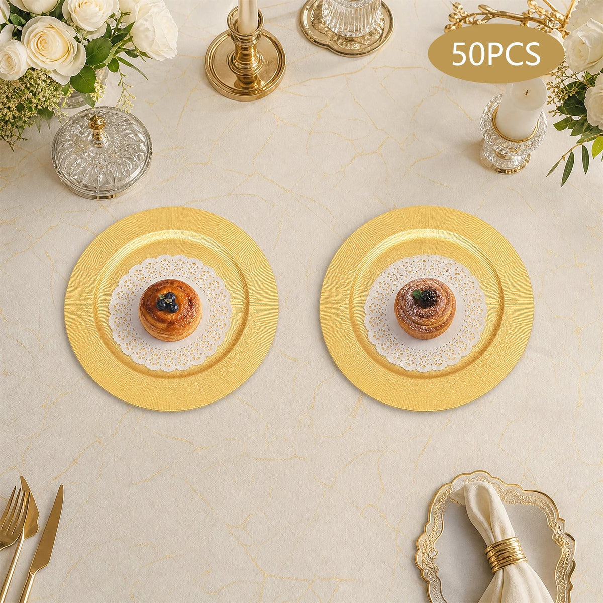 Gold Round Charger Plates Set 50Pcs PP Reusable Serving Plates For Wedding Banquet Hotel Restaurant Party Table Decor
