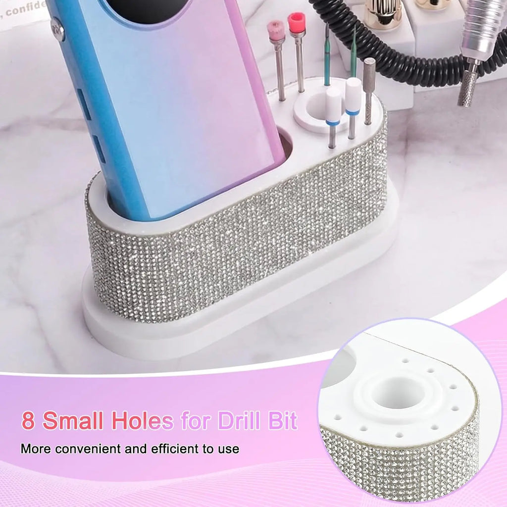 Nail Drill Machine Holder with White Rhinestones, 8 Holes Nail Drill Bit Holder, Nail Efile Stand and Organizer Storage Box Case