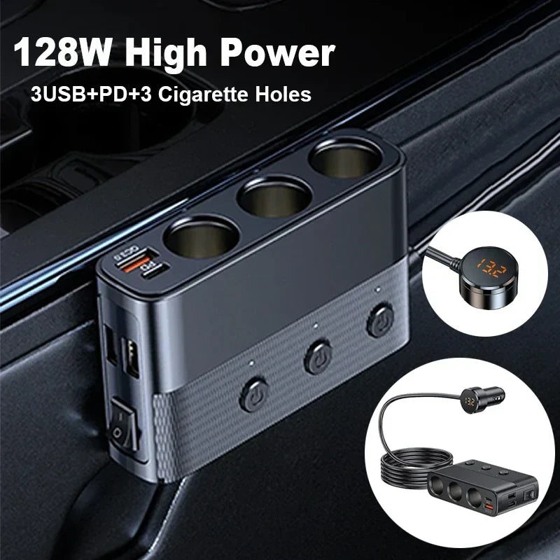 Car Cigarette Lighter Socket Splitter With Switch 128W Car Charger Splitter Multi Ports PD30W QC3.0 Fast Charger Power Adapter