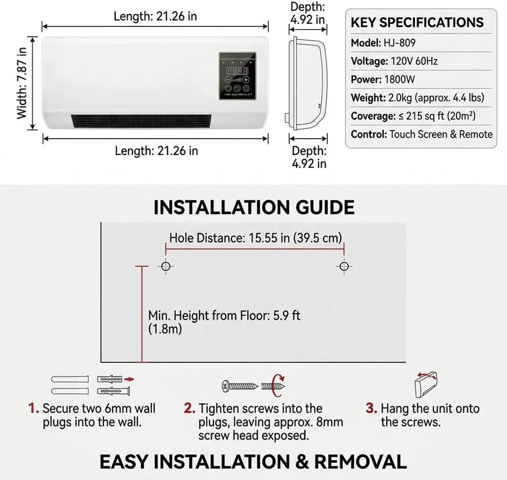 Wall Mounted Air Conditioner Fan, 2-in-1 Heater and Cooling Combo, 1800W PTC Space Heater Combo Unit with Remote 8H Timer, Quiet Ductless Smart Airflow for Bathroom Office(White)