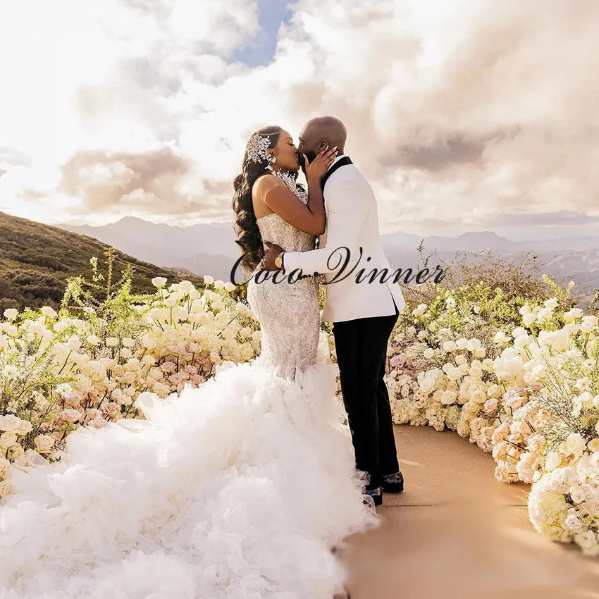 Customized Tulle Slit Ruffle Train Mermaid Wedding Dress 2026 One Shoulder Heavy Beaded Brides Wedding Dresses Luxury W1492