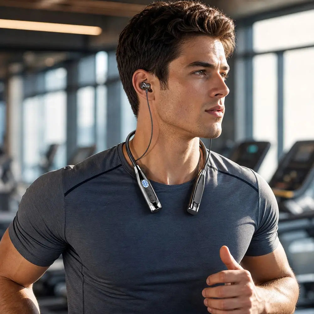 LED Digital Display Wireless Earbuds Neckband Magnetic TF Card Support Earphones Stereo Sound Long Standby