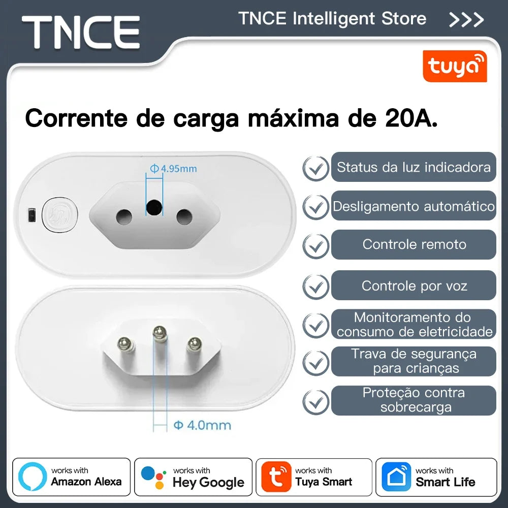 TNCE Tuya Brazil Plug WIFI or zigbee 16/20A socket with Power Monitor, Smart outlet remote control, Voice with Google Home Alexa