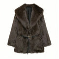 IG Women Large Lapel Belted Waist Faux Fur Mid-Length Coat, Long Sleeve Winter Warm Elegant Fluffy Outerwear