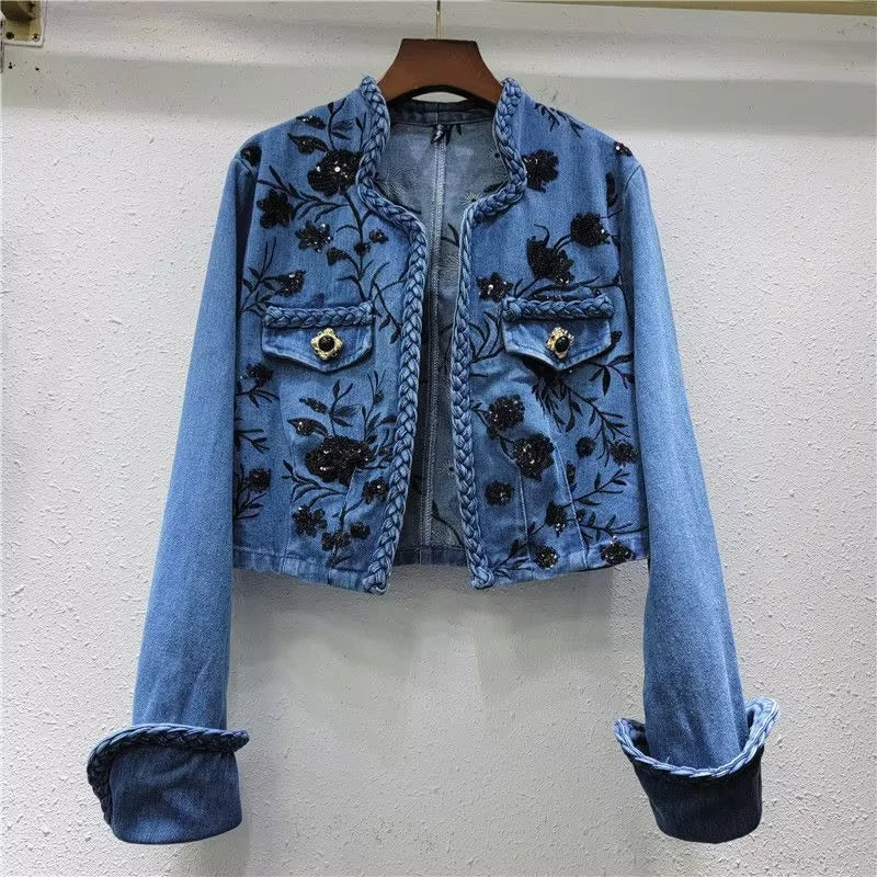 New Classical Metal Ribs Buckle Design Washed Breathable Vintage Short Denim Jacket for Ladies Autumn Winter Summer Nylon/Cotton