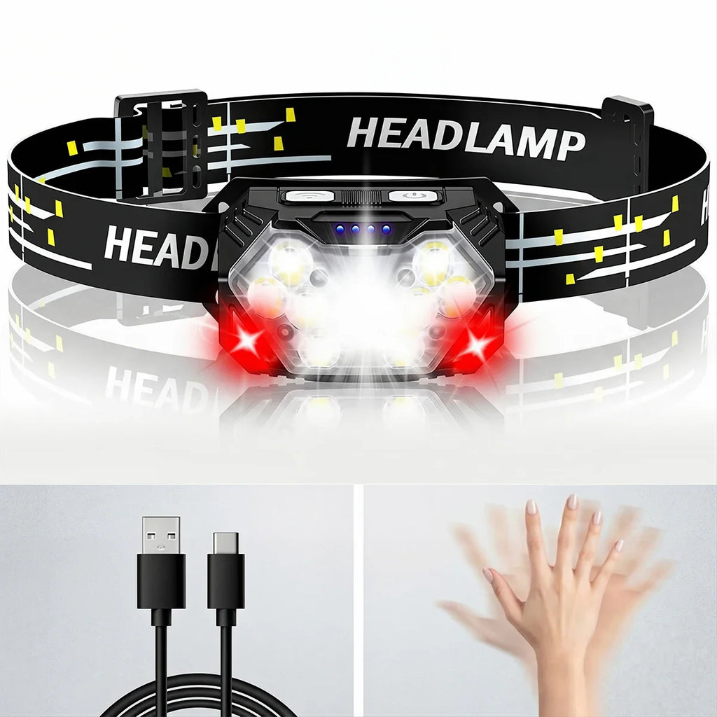 Motion Sensor Headlamp 9 Led Strong Headlight 2000 Lumen USB Portable Waterproof Camping Outdoor Head Lamp Work Flashlight