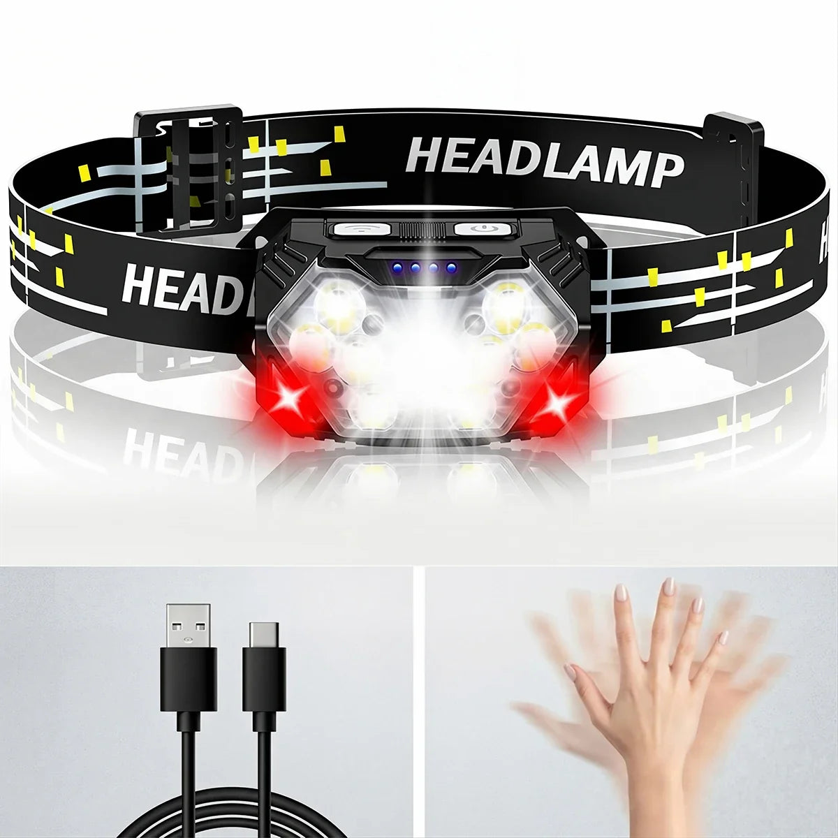 Motion Sensor Headlamp 9 Led Strong Headlight 2000 Lumen USB Portable Waterproof Camping Outdoor Head Lamp Work Flashlight