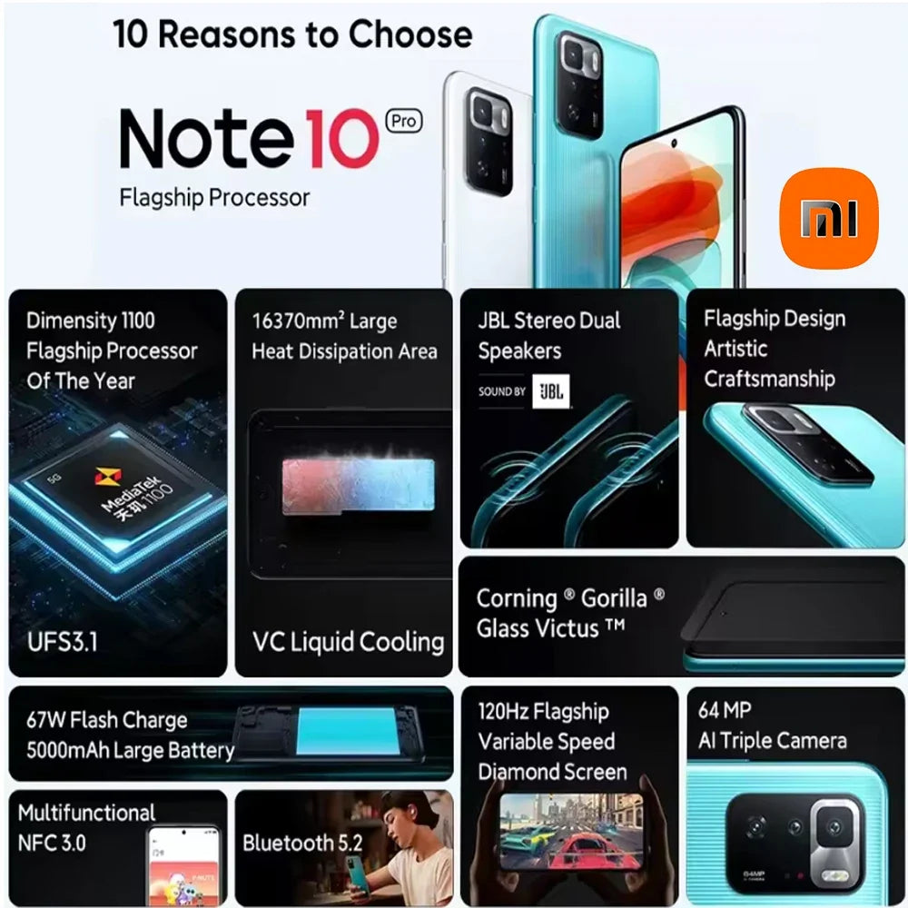 XIAOMI Redmi Note 10 pro 2400x1080 resolution 8GB +128GB fashion smart phone NFC