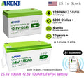 ANENJI 25.6V 100AH LiFePo4 Battery 24V 12V 100AH 1.256KWH 2.56KWH Grade A Cells Lithium Iron Phosphate Battery BMS 6000+ Cycle for Golf Cart