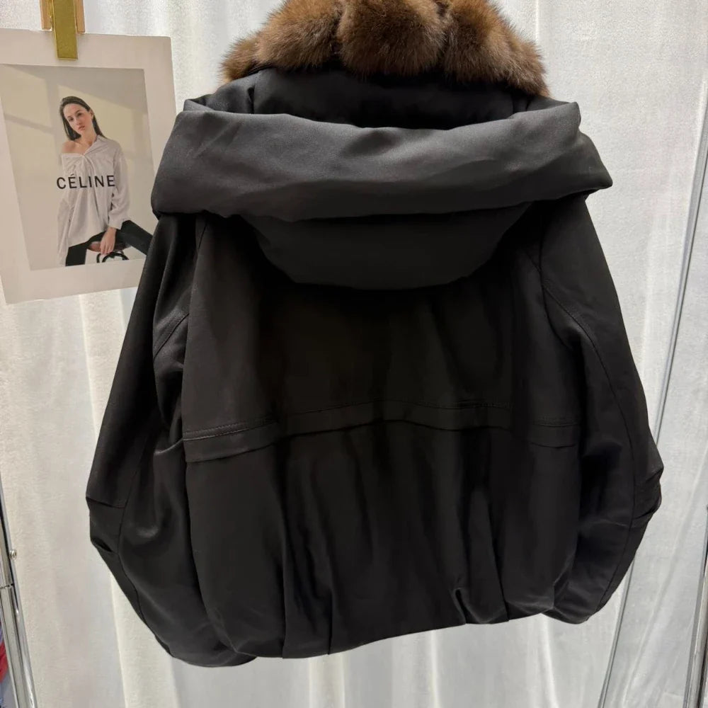 OFTBUY Women Hooded Large Fox Fur Coat Real Duck Down Parka Windproof Fabric Jacket Winter Drawstring Thick puffer jacket woman