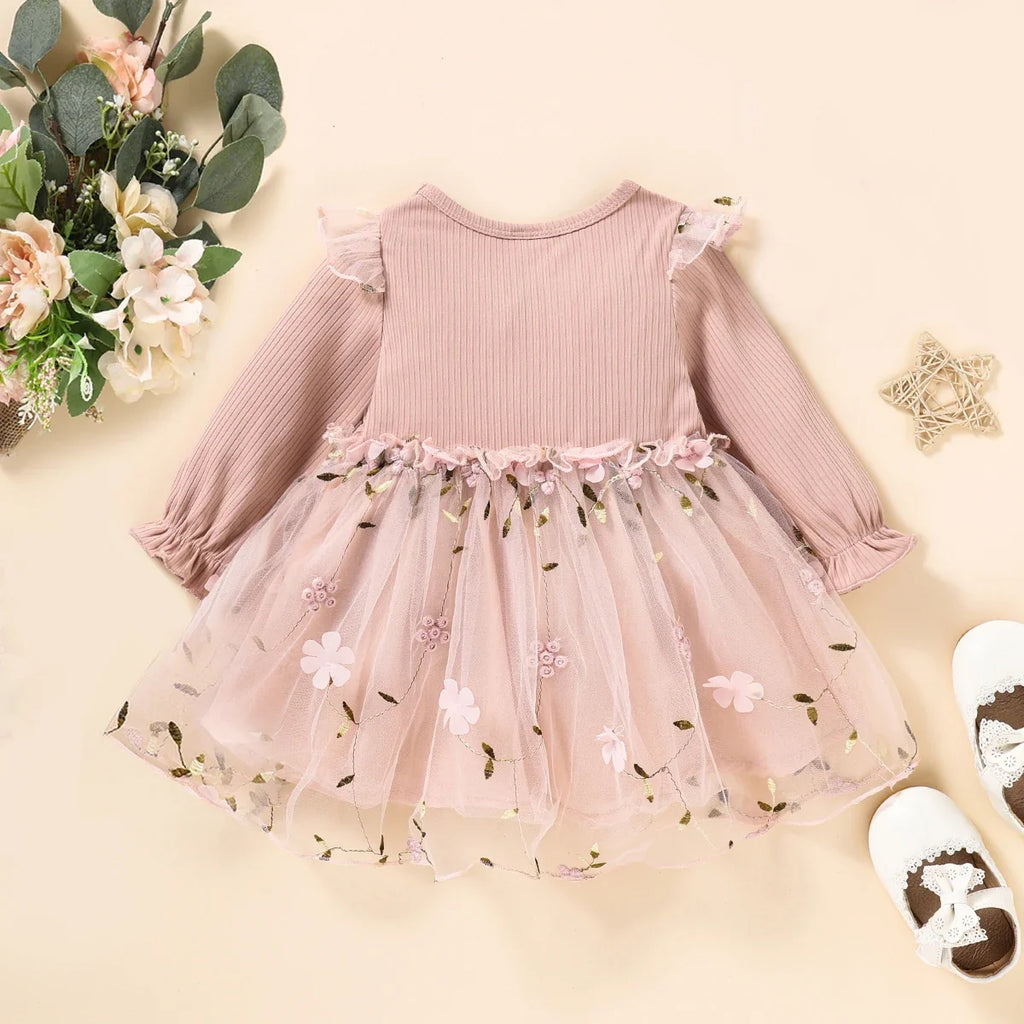 Spring Autumn Pink Tulle Dress for Infants Baby Butterfly Knot Embroidered Fairy Princess Skirt New Arrival Baby Girl Dress
