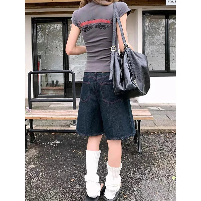 YIBASHU Summer Women American Retro Jorts Punk Jean Shorts Black Y2K 2000s Harajuku Denim Calf-Length Pant Japanese High Street